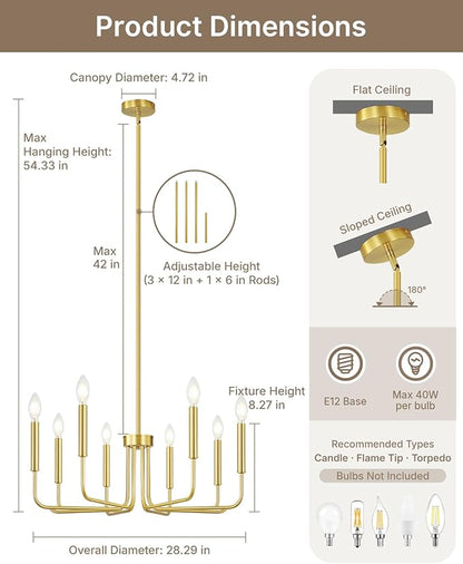 Yunnix 8 Light Modern Brushed Gold Chandelier for Dining Room Light Fixtures Over Table, Vintage Brass Master Bedroom Chandelier for Entryway, Foyer, Staircase, Kitchen and Living Room