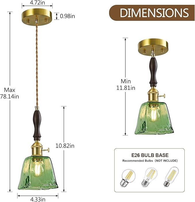 Green Glass Vintage Pendant Light Height Adjustable Handmade Glass Pendant Lights Kitchen Island Gold Hanging Light Fixture with Wood Handle for Bedroom Dining Room Hotel (2 Pack)