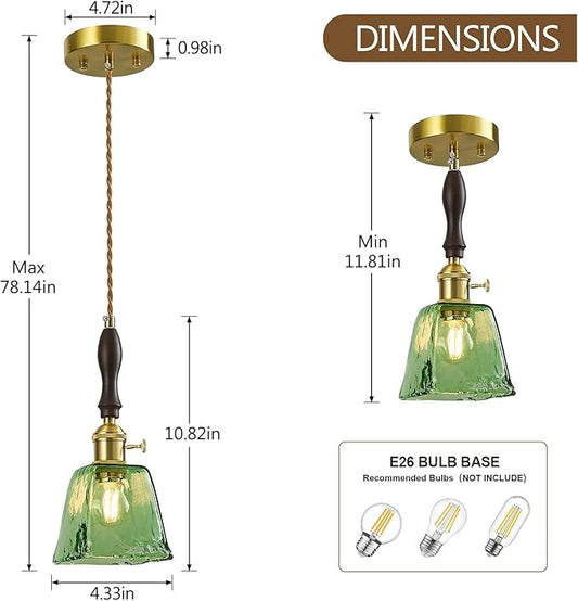 Green Glass Vintage Pendant Light Height Adjustable Handmade Glass Pendant Lights Kitchen Island Gold Hanging Light Fixture with Wood Handle for Bedroom Dining Room Hotel (2 Pack)