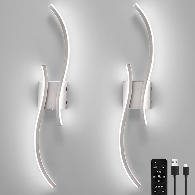 Battery Operated Wall Sconces Set of 2, Rechargeable Dimmable Battery Wall Light with Remote Control, Brushed Nickel LED Wireless Wall Light for Living Room Bedroom Hallway，31.5inch (Brushed Nickel)