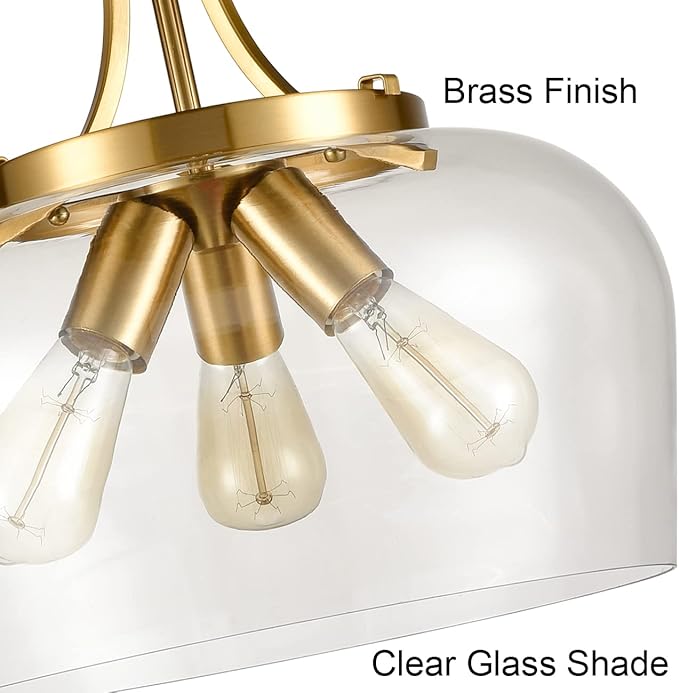 Modern 3-Light Gold Pendant Light with Clear Glass Shade, Mid Century 15-Inch Pendant Lighting Adjustable Height Hardwired Brass Glass Chandelier for Kitchen Island Dining Room