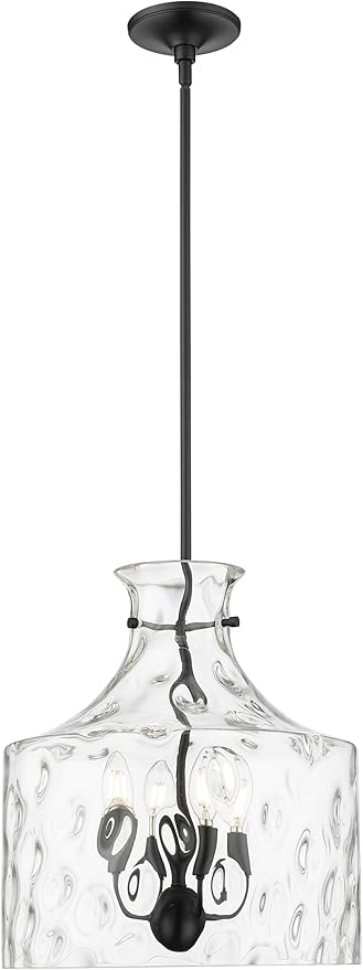 ML Lighting | Santorini Collection | 22604-MB | Indoor 4 Light Metal Pendant in Matte Black with Water Glass Shade | Kitchens, Dining Rooms, Living Rooms, Entryways, Hallways