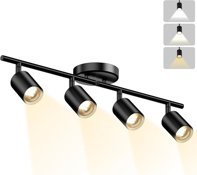 LED 4 Light Track Lighting Kit, Black Ceiling Spotlights, Modern Track Light Fixture with Flexibly Rotatable Light Heads for Kitchen, Living Room, Bedroom, Includes 4 x GU10 Bulb