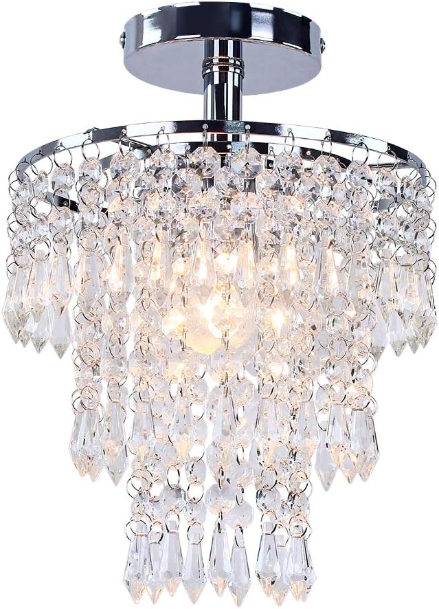 FRIXCHUR Small Crystal Chandelier Led Crystal Ceiling Lights 3 Tiers Crystal Raindrops Chandelier Pendant Lighting Fixture Decoration for Bedroom Hallway Living Room,Chrome, E26
