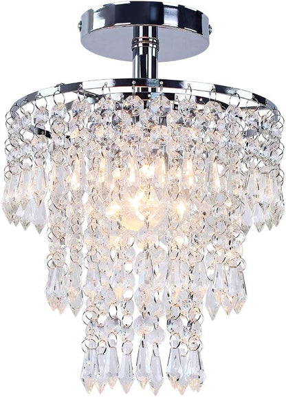 FRIXCHUR Small Crystal Chandelier Led Crystal Ceiling Lights 3 Tiers Crystal Raindrops Chandelier Pendant Lighting Fixture Decoration for Bedroom Hallway Living Room,Chrome, E26