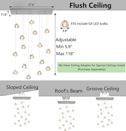 HAIXIANG Brushed Nickel Rectangular Chandeliers for Living Dining Room Light Dimmable High Ceiling Pendant Lights Fixtures Lighting Chandelier for Foyer Entryway Lighting