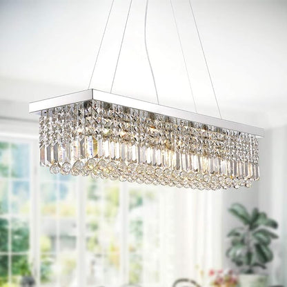 7PM Rectangle K9 Crystal Chandelier Modern Rectangular Pendant Light Fixture for Dining Room Kitchen Island Chrome L47 x W10 x H10