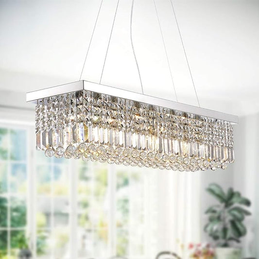 7PM Rectangle K9 Crystal Chandelier Modern Rectangular Pendant Light Fixture for Dining Room Kitchen Island Chrome L47 x W10 x H10