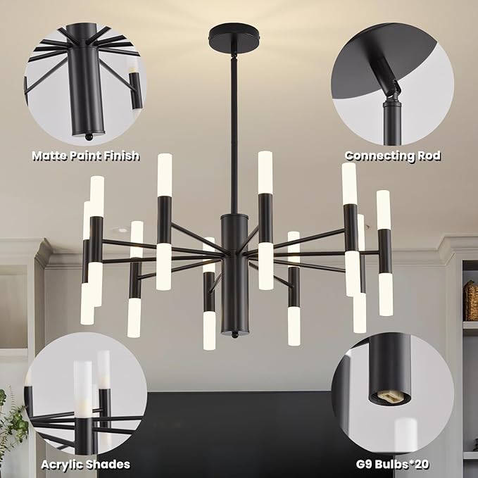 Modern Matte Black Chandelier 20-Light, Mid Century Sputnik Chandeliers with Acrylic Shades, 26.7" Candle Chandeliers for Dinging Room, High Ceilings, Living Room, Foyer, Entryway, G9 Base