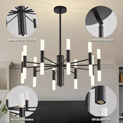 Modern Matte Black Chandelier 20-Light, Mid Century Sputnik Chandeliers with Acrylic Shades, 26.7" Candle Chandeliers for Dinging Room, High Ceilings, Living Room, Foyer, Entryway, G9 Base