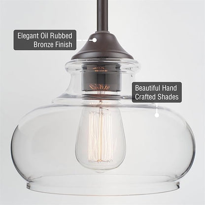 Kira Home Harlow 9" Modern Schoolhouse Pendant Light with Clear Glass Shade, Industrial Farmhouse Brown Hanging Light with Schoolhouse Glass, Oil Rubbed Bronze Finish