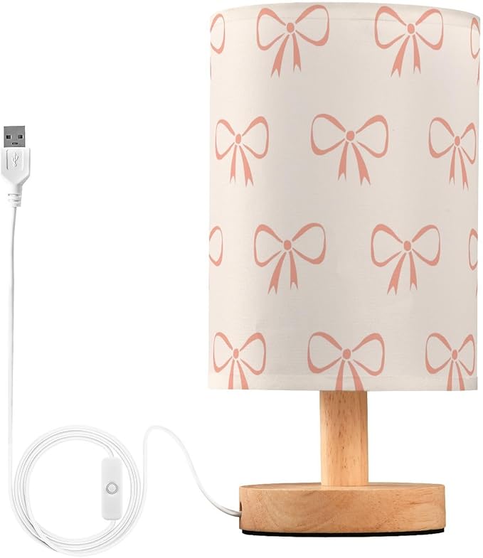 Bedside Table Lamp Ribbon Bow Cute Nightstand Lamp with Wood Desk Lamps for Bedroom Living Room Nursery Office Home Decor