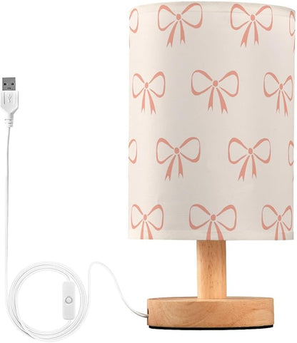 Bedside Table Lamp Ribbon Bow Cute Nightstand Lamp with Wood Desk Lamps for Bedroom Living Room Nursery Office Home Decor