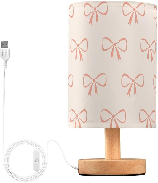 Bedside Table Lamp Ribbon Bow Cute Nightstand Lamp with Wood Desk Lamps for Bedroom Living Room Nursery Office Home Decor