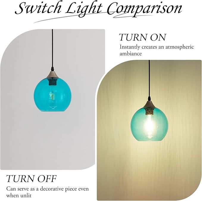 Blue Teardrop Glass Pendant Light Raindrop Bubble Shade Plug in Dimmable Hanging Fixture 16.4 Ft Cord E26 Base for Bedroom Office Coastal Spa Like Atmosphere （Bulb not Included）
