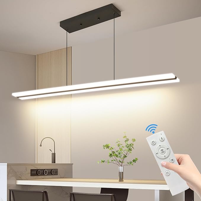 Mikeru Acrylic Linear Pendant Light Dimmable,Modern LED Black Chandelier Fixtures Hanging, Color Temperature and Height Adjustable Table Light for Dining Room, Kitchen, Island 39IN