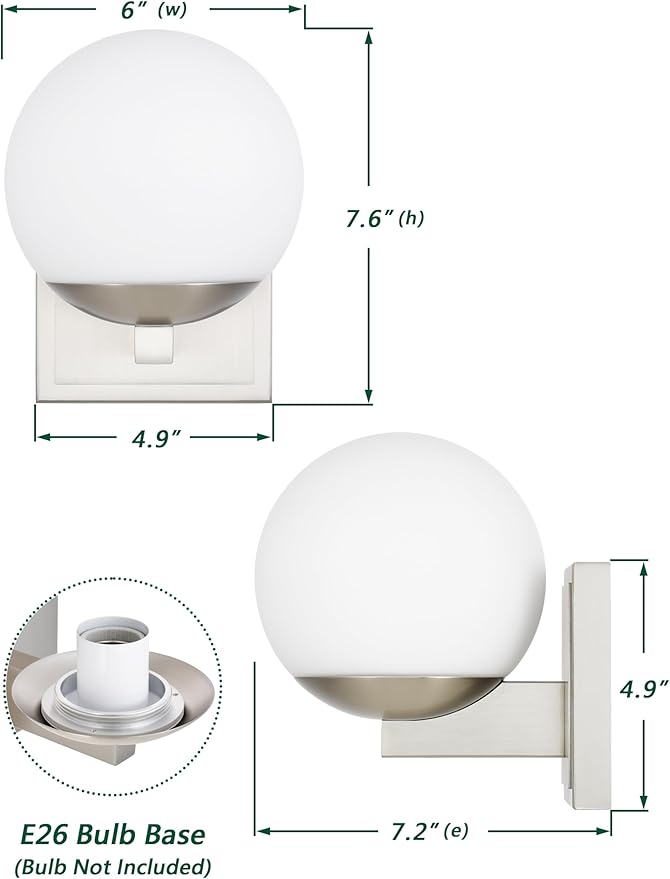 Brshed Nickel Wall Sconce Light, Modern Sconces Wall Lighting, 1 Light Globe Bathroom Vanity Lighting with Opal Glass Shade, Wall Light for Bedroom Bathroom Living Room Entryway Hallway