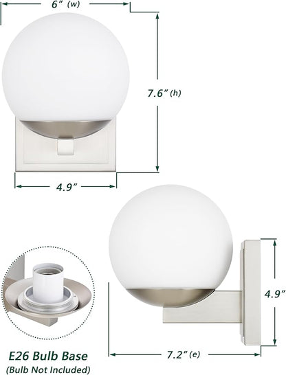 Brshed Nickel Wall Sconce Light, Modern Sconces Wall Lighting, 1 Light Globe Bathroom Vanity Lighting with Opal Glass Shade, Wall Light for Bedroom Bathroom Living Room Entryway Hallway