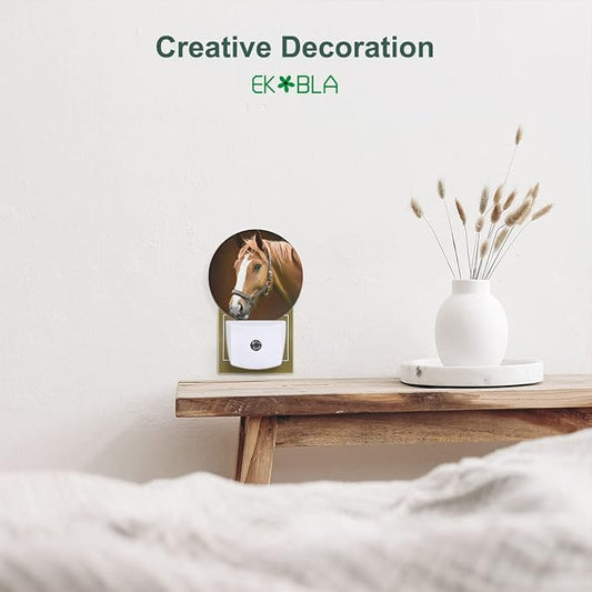 EKOBLA Watercolor Horse Plug-in Night Light, Brown Horse Wildlife LED Nightlight with Dusk to Dawn Auto Sensor for Bedroom, Bathroom & Hallway