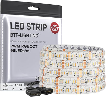 BTF-LIGHTING RGBCCT 5 Colors in 1 LED 5050SMD RGBWW RGB+Dimmable Tunable Color Temperature 2700K-6500K UL Listed 16.4ft 96LEDs/m 480LEDs DC12V Multi-Colored Tape Lights IP65(No Adapter or Controller)