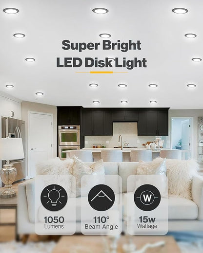 Sunco 6 Pack 6 Inch LED Disk Lights, Flush Mount Black Disc Recessed Ceiling Can Lighting, 1050 LM, Selectable CCT 2700K/3000K/4000K/5000K/6000K, Dimmable, 15W=100W, Wet Rated ETL.
