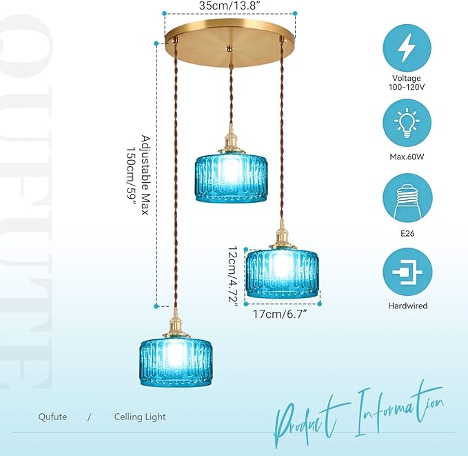 Mid Century 3-Light Blue Glass Chandelier Globe Cluster Chandeliers with Striped Round Shade Modern Large Glass Ceiling Pendant Light Fixtures for Kitchen Island Staircase Dining Room