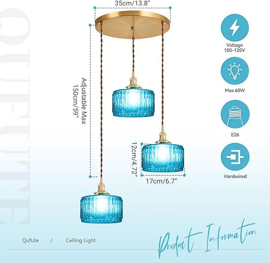 Mid Century 3-Light Blue Glass Chandelier Globe Cluster Chandeliers with Striped Round Shade Modern Large Glass Ceiling Pendant Light Fixtures for Kitchen Island Staircase Dining Room