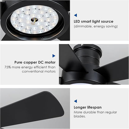 Hounberi 40 Inch Flush Mount Ceiling Fan with Lights and Remote, Modern Quiet DC Motor Low Profile Ceiling Fan for Low Ceilings, 5 Reversible Blades, 6 Speeds Dimmable, Indoor Outdoor Bedroom, Black
