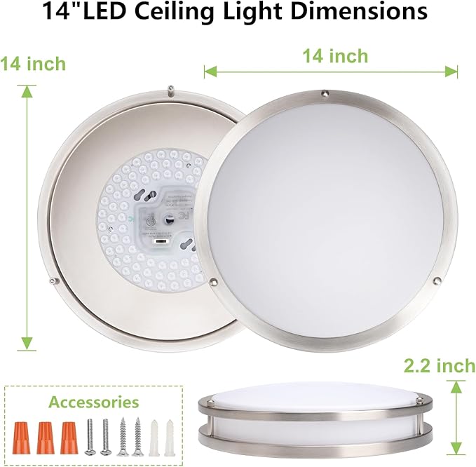 Flush Mount Ceiling Light - 2 Pack 36W 3000K/3500K/4000K/5000K/6000K Dimmable Led Ceiling Light Fixture for Kitchen Hallway Bedroom Bathroom (2, Brushed Nickel, 14 Inch)