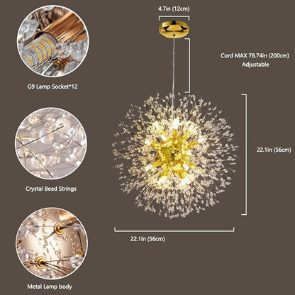 Gold Crystal Chandeliers 16-Light Modern Light Fixture,Firework Chandelier,Personalized Ceiling Hanging Lighting for Living Room,Bedroom,Dining Room,Office Chandelier