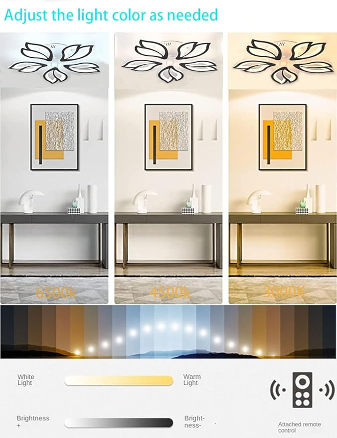 Led Modern Ceiling Light Flush Mount Black 5-Leaf Lights Ceiling Lamp Dimmable with Remote Chandelier 25.59in for Bedroom Living Room Kitchen Dining Room Office