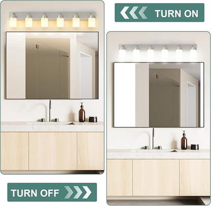 IZORRO Bathroom Vanity Light Fixture, 6-Light 46 Inch Brushed Nickel Bathroom Light Fixtures Over Mirror, with White Glass Shade, Modern Farmhouse Vanity Lights, Rustic Restroom Lighting Fixtures