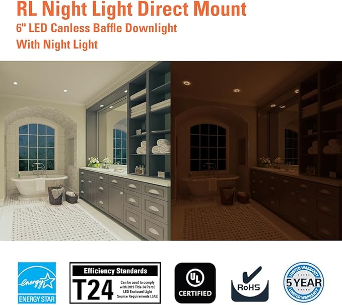 HALO RL 6 in Recessed LED Canless Dual Mode Night Light and Downlight, 1000 Lumens, Selectable CCT 2700K-5000K, Dim to Warm Technology, Matte White - RLNL6109FSD2W1EWHDM