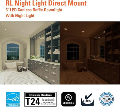 HALO RL 6 in Recessed LED Canless Dual Mode Night Light and Downlight, 1000 Lumens, Selectable CCT 2700K-5000K, Dim to Warm Technology, Matte White - RLNL6109FSD2W1EWHDM