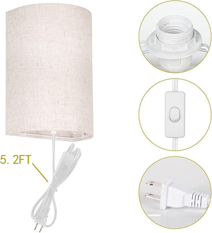 AVV Wall Sconces Set of Two, Wall Lamp Plug in with On/Off Switch, 2700K 4000K 5000K Selectable, Wall Lights for Bedroom, Living Room, Wall Decor for Bedroom, Fabric Linen Lamp Shades