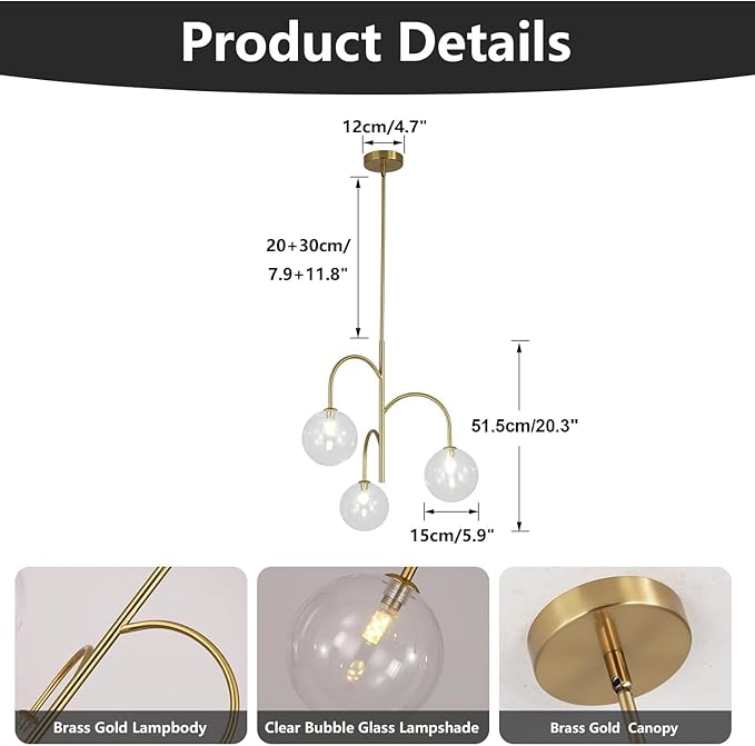 Modern Gold Globe Pendant Lighting 3-Light Clear Glass Bubble Chandelier Mid Century Sputnik Light Fixture Brushed Brass Ceiling Pendant Light for Kitchen Island Living Room