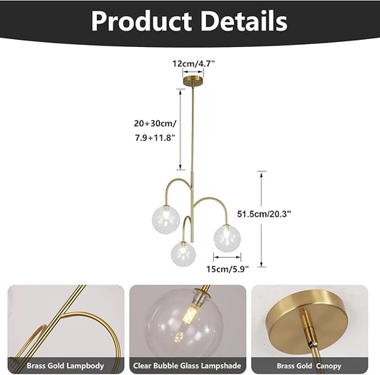 Modern Gold Globe Pendant Lighting 3-Light Clear Glass Bubble Chandelier Mid Century Sputnik Light Fixture Brushed Brass Ceiling Pendant Light for Kitchen Island Living Room