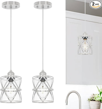 Brushed Nickel Pendant Lights for Kitchen Island, 2 Pack Adjustable Bathroom Pendant Light, Modern Hanging Lights with Clear Glass for Dining Room Island Sink, E26 Base,5.51'' Shade 59.06''Cord