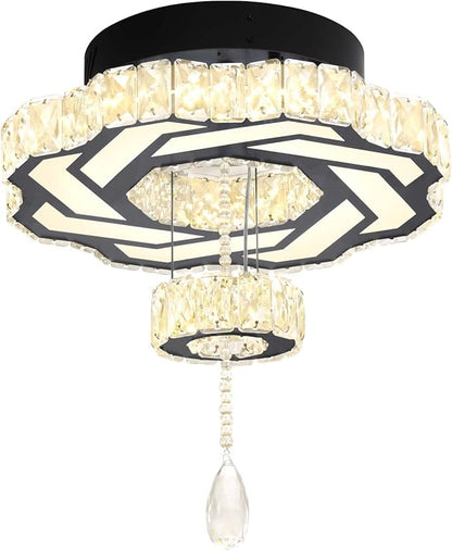 Flashing God 16 Inch Mini Chandelier Modern Crystal Chandeliers Light Semi Flush Mount Ceiling Light Fixture Small Black Chandelier for Bedroom Hallway Kitchen Foyer