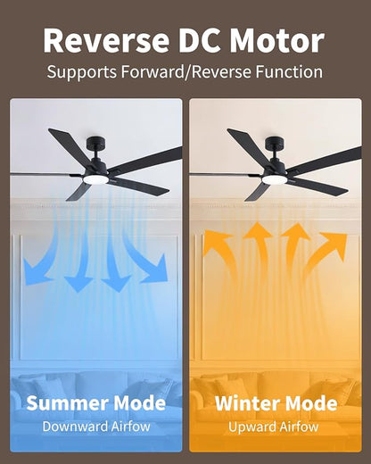 60 Inch Ceiling Fans with Lights and Remote, Black Ceiling Fan, Downrod Style with 5 Blades, Modern Design For Indoor Bedroom Living Room/Outdoor, 6 Speed Reversible DC Motor, 3CCT Dimmable LED