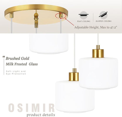 Brushed Gold Dining Room Chandelier Light Fixture, 3-Light Pendant Lighting with Milk Glass, Modern Kitchen Island Cluster Hanging Pendant Lights for Kitchen Dining Room, OS-YQ8153-3BGW