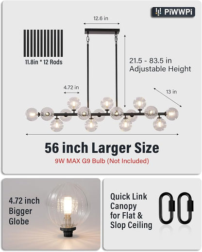 Large Linear Chandeliers for Dining Room Kitchen Island, 55" Long Light Fixture Over Table, 16-Light Modern Glass Globe Sputnik Farmhouse Chandelier, Black and Clear Bubble, GC-08
