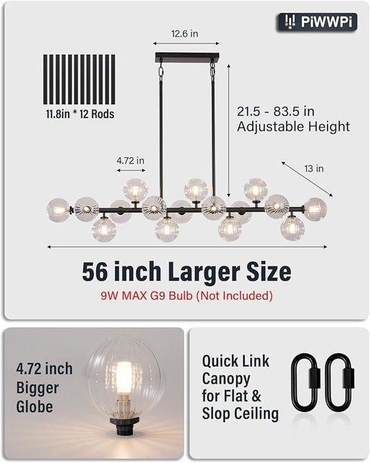 Large Linear Chandeliers for Dining Room Kitchen Island, 55" Long Light Fixture Over Table, 16-Light Modern Glass Globe Sputnik Farmhouse Chandelier, Black and Clear Bubble, GC-08