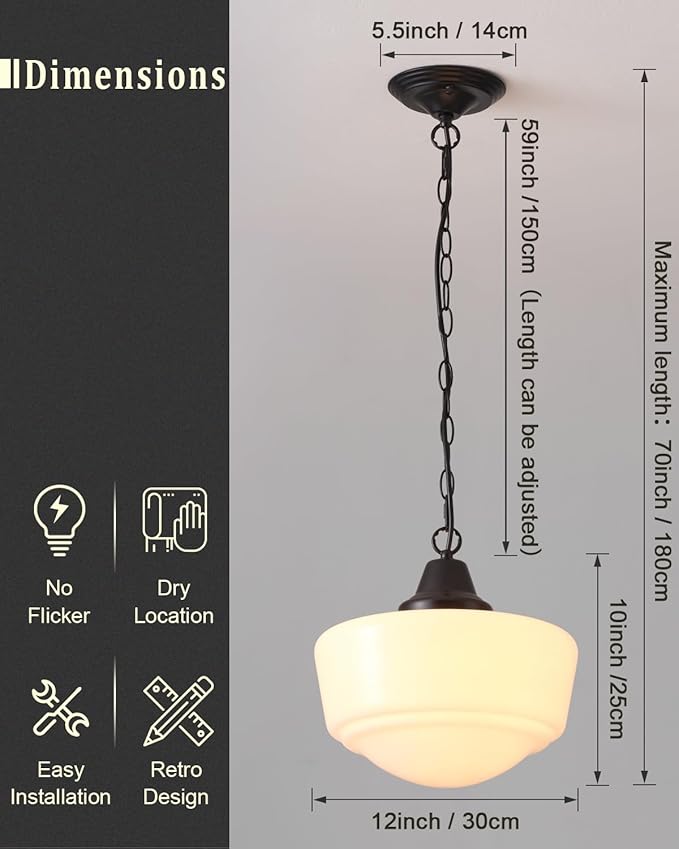 Schoolhouse Pendant Fixture, 12 Inch Black Finish with Milk Glass Adjustable Mid Century Ceiling Pendant Lighting, Pendant Light Fixtures for Kitchen Hallway Entrywa Dining Room…