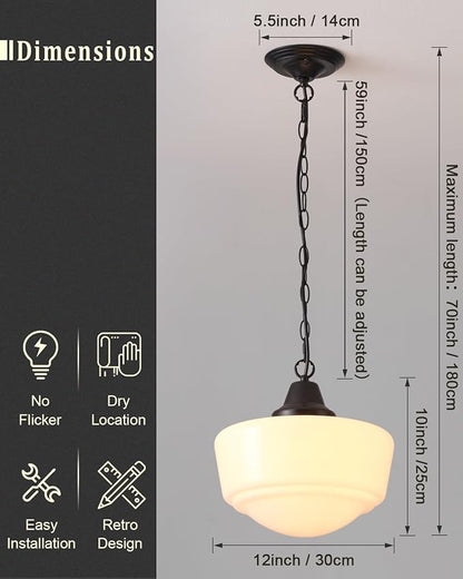 Schoolhouse Pendant Fixture, 12 Inch Black Finish with Milk Glass Adjustable Mid Century Ceiling Pendant Lighting, Pendant Light Fixtures for Kitchen Hallway Entrywa Dining Room…
