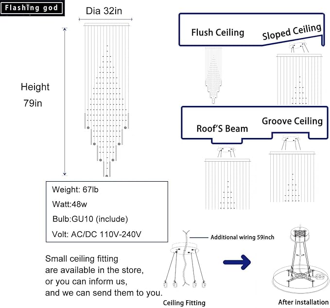 Flashing God D32''X H79'' Foyer Chandelier for High Ceilings,Square Crystal Raindrop Chandeliers,Large Chandelier for Entrance Foyer Villa,4 Tier Chandeliers