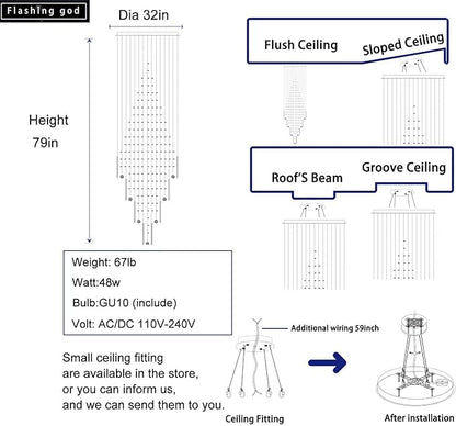 Flashing God D32''X H79'' Foyer Chandelier for High Ceilings,Square Crystal Raindrop Chandeliers,Large Chandelier for Entrance Foyer Villa,4 Tier Chandeliers
