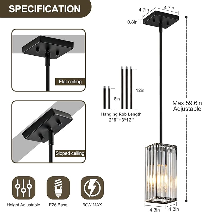 Modern Crystal Pendant Lights Kitchen Island, 1-Light Jet Black Hanging Light with Clear Crystal Shade, Adjustable Height Pendant Lighting for Kitchen Island Dining Room Bedroom Bar Entryway