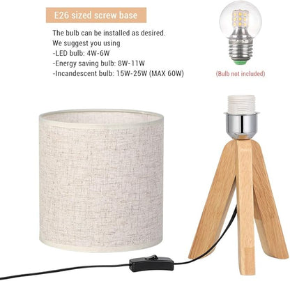 HAITRAL Small Bedside Table Lamp - Wooden Tripod Nightstand Lamp for Bedroom, Living Room, Office, Home with Fabric Linen Shade - 13.4 Inches (Without Bulb)