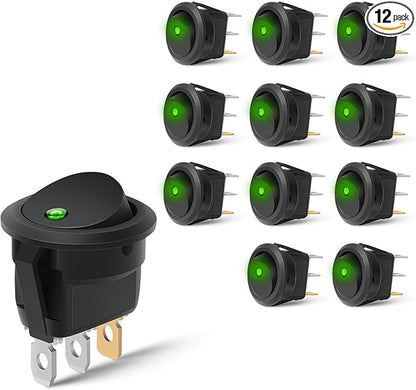Nilight 12PCS Round Rocker Switches 12V 24V 20A Green LED Toggle swtiches SPST 3 Pin 2 Position for Car Truck Vehicle Boat Marine Rocker On Off Control